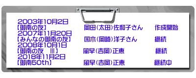    2003年10月2日　 【御南の友】　　　　　 　岡田（太田）佐和子さん　　作成開始 2007年11月20日 【みんなの御南の友】  　 国木（岡崎）洋子さん       継続 2008年10月1日　  【御南の友　Ⅲ】　　　   風早（吉岡）正恵　　　　   継続 2018年11月2日 【御南50ｔｈ】　　　　 　風早（吉岡）正恵　　　　　継続中  